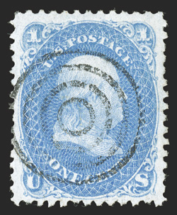 92, 1c Blue, F grill, used, fresh color, well centered within large margins, target cancel, very fine 1998 PF certificate.