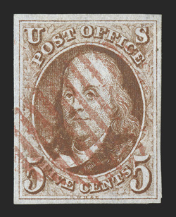 1d, 5c Brown orange, full even margins all around, brilliant rich color in this distinctive and scarce shade, neat red grid cancel, very fine and most
attractive.