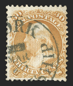 100, 30c Orange, F grill, used with clear strike of New York Steamship datestamp, deep rich color, fine and scarce 1989 PF certificate.