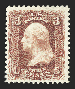 104, 3c Brown red re-issue, deep luxuriant color and a razor-sharp impression, nicely centered and margined, full o.g., lightly hinged, very fine a rather attractive example of
this rare re-issue only 465 sold 1992 and 2003 PF certificates, a