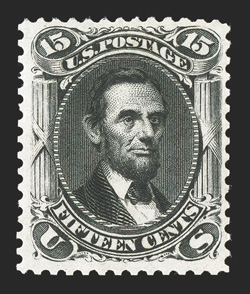 108, 15c Black re-issue, especially deep color and an a superb prooflike impression, nicely centered, o.g., lightly hinged, very fine only 397 sold 2002 PSE certificate and a
2009 PSE certificate (VF 80 OGph SMQ $4,950.00).