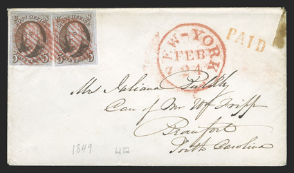 1, 5c Red brown, two singles, both with intense color and detailed impression, the right stamp with large to very large margins all around, the left stamp with mostly large
margins to well clear at upper left, tiny crease in the margin at top le