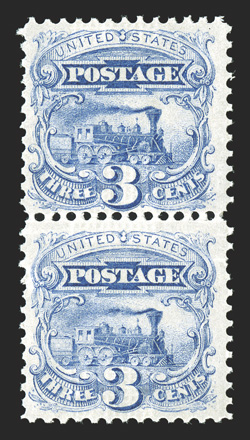 114 var., 3c Ultramarine, split grill variety, vertical pair, with one grill between the stamps and portions of two others at top and bottom, rich color, o.g., top stamp never
hinged, bottom stamp hinged and with tiny perf. crease, very fine 20