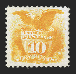 116, 10c Yellow, quite well centered within large margins, bright color, o.g., relatively lightly hinged, choice very fine 1977 and 1990 PF certificates, plus a 2008 PSE
certificate (VF-XF 85 OGh SMQ $3,450.00).