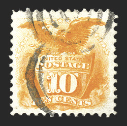 116, 10c Yellow, gorgeous used single, featuring vivid color that is both radiant and intense, wonderfully well centered amid large margins, target cancels, extremely fine 1998
PF certificate.