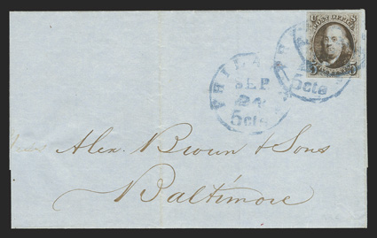 1a, 5c Dark brown, a wonderfully choice example, possessing intense luxuriant color and a prooflike impression, four large margins, tied by blue Philadelphia c.d.s. on 1848
folded cover to Baltimore, extremely fine an especially choice stamp on