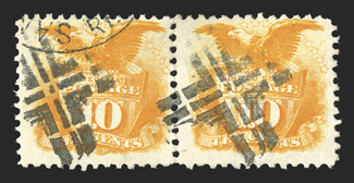 116, 10c Yellow, horizontal pair with brilliant color cancelled by an unusual  fancy segmented crossroads postmark, very fine 2010 PF certificate.