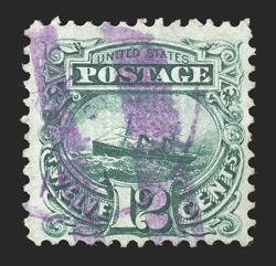 117, 12c Green, fresh single used with purple datestamp and cork cancels of Philadelphia, fine and scarce.