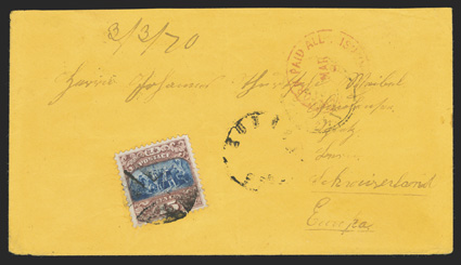 119, 15c Brown and blue, Ty. II, well centered and fresh single tied by circle of wedges cancel on 1870 yellow cover to Switzerland, red New York exchange office c.d.s., Basel
and Spietz backstamps, very fine an especially attractive usage