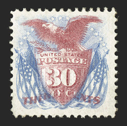 121, 30c Blue and carmine, a bright and fresh example of this seldom offered mint stamp, well incised impressions, nicely centered within large margins, part original gum, very
fine 1995 PSE and 2005 PF certificates.