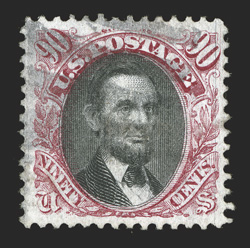 122, 90c Carmine and black, a highly desirable used example of this popular high value, being wonderfully well centered within exceptionally large margins, plus it has
brilliantly fresh colors on clean white paper, lightly cancelled, extremely f