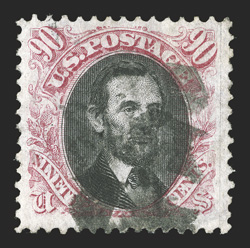 122, 90c Carmine and black, used, remarkably well centered within larger margins than normal, bright and fresh, segmented cork cancel, shallow thinned spot, extremely fine
appearance.