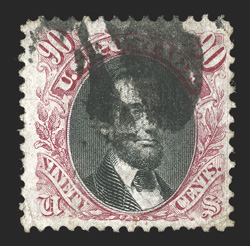 122, 90c Carmine and black, used, well centered and margined, rich colors, cork cancel, tiny thinned speck, very fine appearance.