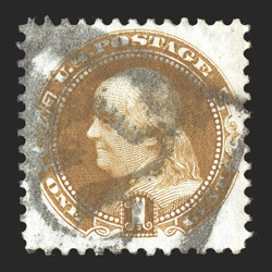 123, 1c Buff re-issue, used example with a most unusual boxed negative 2 cancel, well centered, bright and fresh, very fine 2003 PSE certificate (VF 80 SMQ
$425.00).