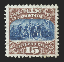 129, 15c Brown and blue re-issue, Ty. III, well centered within large margins, deeply rich colors, large part o.g., very fine only 1,981 sold 2009 PSE
certificate.