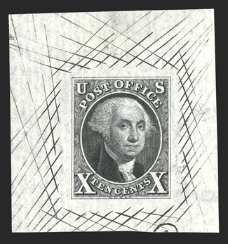 2Pc, 10c Black, large die proof on white laid paper, 29x41mm with cross-hatching, also a bit of the papermakers printed trademark at bottom right, very fine
ex-Finkelberg.