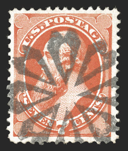 138, 7c Vermilion with grill, very well centered within large margins, brilliant color, beautifully cancelled by a large fancy rosette, current certificate notes a tiny
pinhole, otherwise extremely fine clear 1988 PF certificate and a 2010 PF c