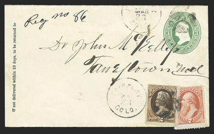 138, 7c Vermilion with grill, with 2c Red brown (146) overlapping at bottom right of 3c Green entire, tied by segmented cork cancel with matching Fair Play ColoMar 23 c.d.s.,
with ms. Reg no 86, the 7c stamp extends over the edge of the co