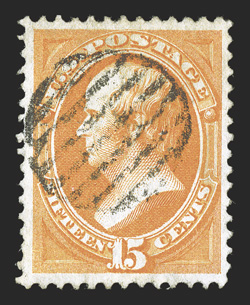 141, 15c Orange with grill, H grill, exceptionally well centered within uncommonly large margins, gorgeous intense color and impression, many easily identifiable grill points,
neat small grid cancel, two tiny perf. tears and a faint corner cre