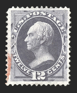 151, 12c Dull violet, a remarkable used example, with face-free red cancel confined only to the lower left corner, excellent centering within uncharacteristically large margins
all around, strong color and sharp impression on fresh paper, ex