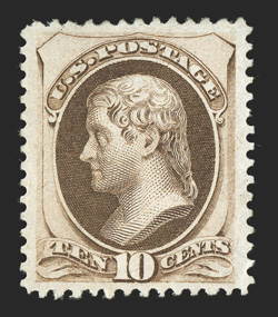 161, 10c Brown, a most desirable mint example of this challenging stamp, exceptionally well centered within especially large margins, rich fresh color, full o.g., extremely
fine and choice 1989 PF certificate and a 2009 PSE certificate (XF 90 O