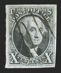 2, 10c Black, used with neat ms. cancel, large margins all around, rich color and fine impression on fresh paper, shallow thinned spot at right, extremely fine
appearance.