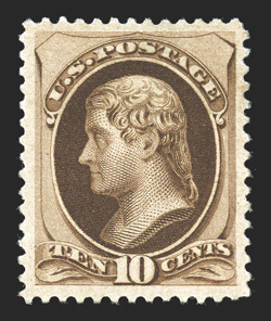 188, 10c Brown, with secret mark, a gem example of this scarce and difficult value, being in a condition that is far superior to the vast majority, as it features a remarkable
overall freshness, with gorgeous intense color and a prooflike impres