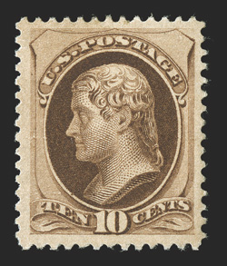188, 10c Brown, with secret mark, an impressive example of this scarce mint stamp, with exceedingly large margins all around and being well centered within them, sumptuously
rich color and an excellent impression, o.g., lightly hinged, extremely