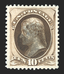 188, 10c Brown, with secret mark, incredibly well centered within lavishly large margins, sumptuously rich color and sharp impression on fresh paper, cork cancel, an extremely
fine gem a surprisingly difficult stamp the find this nice.