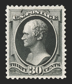 190, 30c Full black, handsome mint single, with intense prooflike color and impression, rather well centered within large margins, o.g., lightly hinged, extremely fine 2001 PF
certificate and a 2009 PSE certificate (VF-XF 85 SMQ $1,750.00).