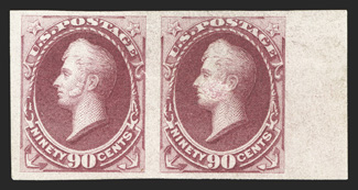191a, 90c Carmine imperforate, right sheet-margin horizontal pair, without gum as issued, large margins, vibrant color, right stamp neatly repaired, extremely fine appearance
2010 PF certificate.