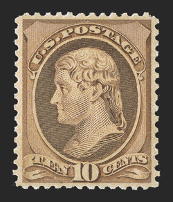 209, 10c Brown, especially deep and intense color, uncharacteristically well centered, o.g., faintly hinged, extremely fine 2001 PSE certificate (never hinged with a tiny
horizontal gum skip) and a 2009 PSE certificate (XF 90 OGph SMQ $300.0