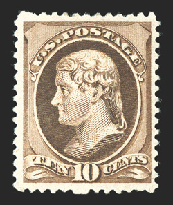 209, 10c Brown, excellent centering within unusually wide margins, rich color on fresh paper, o.g., extremely fine.