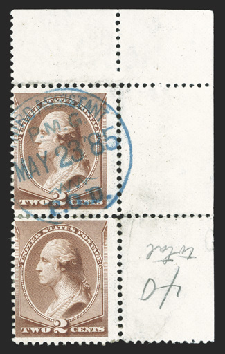 211B, 2c Pale red brown special printing, top right corner margin rejoined vertical pair, cancelled by blue Third Assistant P.M.G. P.O.D.May 23 85 c.d.s., fresh color, minor
hinge reinforcements, light vertical crease at right, otherwise fin