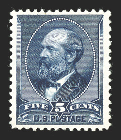 216, 5c Indigo, eye-catching mint single, featuring striking intense color and a deeply etched impression, excellent centering amid larger margins than normal, o.g., l.h.,
extremely fine 1999 PF certificate.