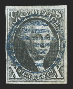 2, 10c Black, mostly large margins to ample at left, rich color and fine impression, socked-on-the-nose blue grid cancel, faint margin thin, very fine appearance 2010 PF
certificate.