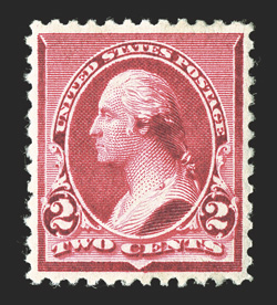 220a, 2c Carmine, cap on left 2 variety, brilliantly rich color on fresh white paper, unusually well centered, o.g., n.h., extremely fine 2004 PF certificate and a 2009 PSE
certificate (VF-XF 85 SMQ $650.00).