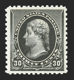 228, 30c Black, especially deep color and a razor-sharp impression on fresh paper, well centered within unusually large margins for this value, o.g., n.h., extremely fine 2009
PSE certificate (VF-XF 85 SMQ $1,500.00).