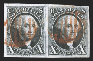 2, 10c Black, handsome used horizontal pair, large to extra-large margins all around, strong color and a superbly detailed impression on fresh paper, bright red orange grid
cancel, extremely fine a marvelously choice used pair 2000 PF certific