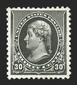 228, 30c Black, exceptionally well centered within much larger margins than typically encountered, strong color, o.g., lightly hinged, extremely fine 2001 PSE certificate and a
2009 PSE certificate (XF 90 OGph SMQ $720.00).