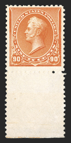 229, 90c Orange, bottom sheet-margin mint single, rich color on fresh paper, o.g., very lightly hinged, very fine.