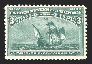 232, 3c Columbian, luxuriant color and sharp impression on fresh white paper, well centered, pristine o.g., n.h., extremely fine photocopy of 1999 PF certificate for a
horizontal pair, this being the right stamp.