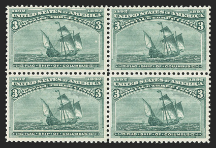 232, 3c Columbian, pristine mint block of four, fresh and well centered, picked out inclusion in top left stamp, o.g., n.h., very fine.