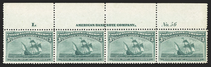 232, 3c Columbian, full top sheet-margin imprint, letter L and plate No. 56 strip of four, fresh and well centered, o.g., l.h. in the selvage only, the stamps n.h., a few perf.
separations at right, very fine.