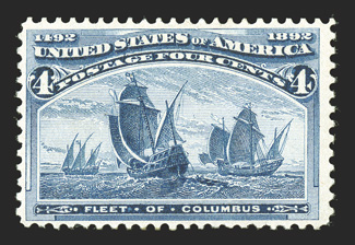 233a, 4c Blue Columbian, error of color, excellent color in an especially dark shade, razor-sharp impression as well, o.g., lightly hinged, reperforated at top, fine appearance
a highly collectable example of this error rarity 1981 PF and 2001