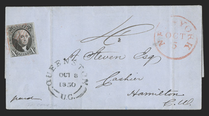 2, 10c Black, single with three full to large margins, just in at bottom, tied by light red grid on 1850 folded letter to Canada, red New York c.d.s., Queenston c.d.s. on front
and Hamilton backstamp, two vertical file folds, fine clear 2001 AP