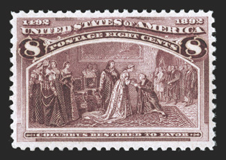236, 8c Columbian, handsome mint single, exceptionally fresh, with deep rich color on crisp white paper, quite well centered within large margins, o.g., n.h., extremely fine
1996 PF certificate.
