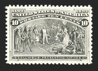 237, 10c Columbian, excellent centering within large margins, strong fresh color, o.g., n.h., extremely fine 1999 PF certificate and a 2009 PSE certificate (XF 90 SMQ
$685.00).