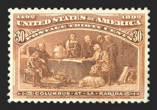 239, 30c Columbian, beautifully centered mint single, with sumptuously rich color and a razor-sharp impression, unblemished o.g. with only the faintest trace of possible
hinging (appears n.h.), extremely fine 1978 PF certificate.