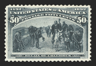 240, 50c Columbian, exceptionally well centered within large margins, rich color and a sharp detailed impression, o.g., lightly hinged, extremely fine 2010 PF certificate (XF
90).